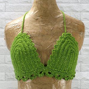 HAND CRAFTED Crop Top Crochet Bikini Green Metallic Festival Rave Various